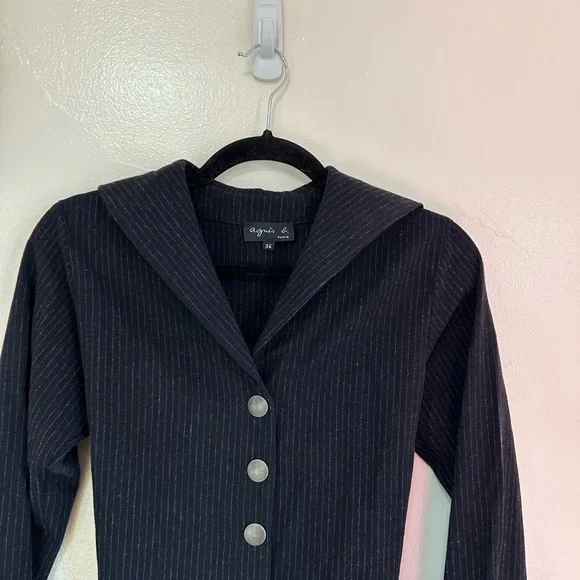 Agnes B Wool Blend Navy Pinstripe Snap Front Sweater, Tie Waist, US Size 4 - Picture 7 of 11